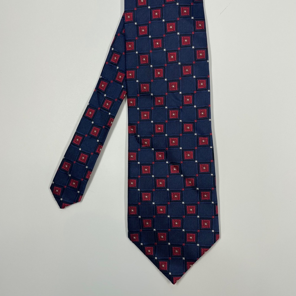 Fusion Navy Blue Red Geometric Silk Necktie Mens One Size